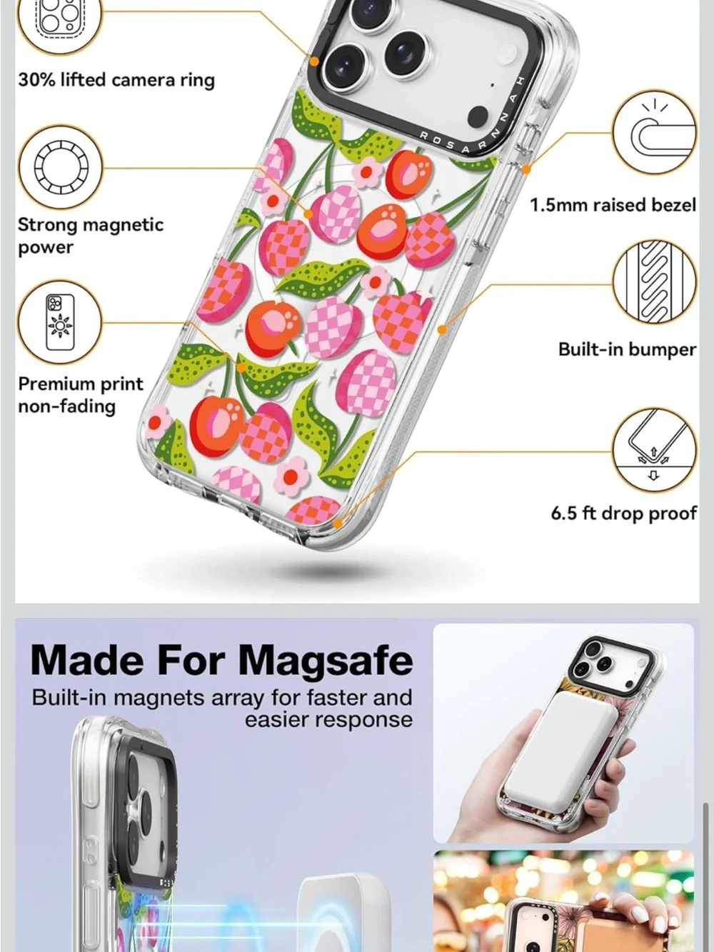 Rosarnnah for iPhone 17 Pro Case Cute -- Funny Checkered Cherry Design (6.3